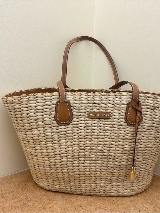 Michael Kors Handbags - Michael Kors Natural Woven Tote with Brown Leather Trim & Gold Hardware